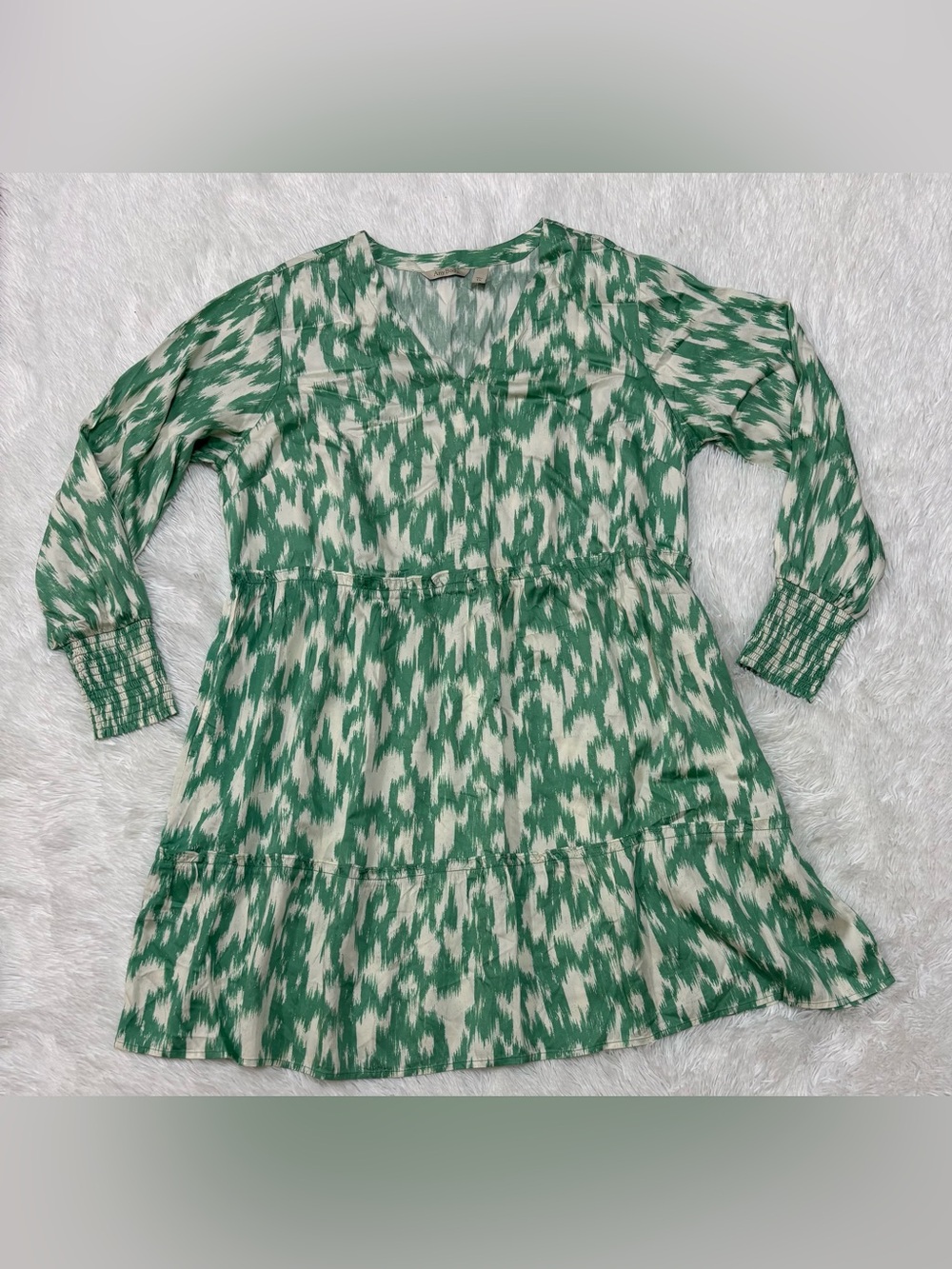 AnyBody Green and Cream Printed Tiered Long-Sleeve Dress for Women